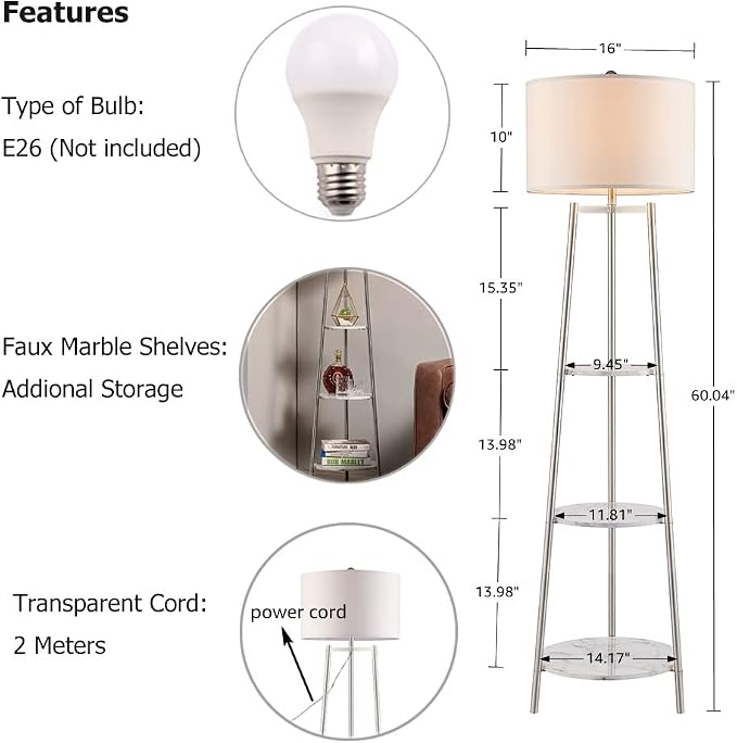 ROSEN GARDEN Floor Lamp, Standing Reading Light with Faux Marble Shelves and Fabric Shade, Modern Tall Pole Lamp, Accent Furniture Décor Lighting for Living Room, Bedrooms