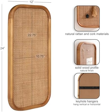 Kate and Laurel Planche Modern Rattan Wall Pinboard, 12 x 24, Natural Wood, Boho Rounded Rectangle Wall Organizer for Use as Cork Board, Vision Board, or Bulletin Board