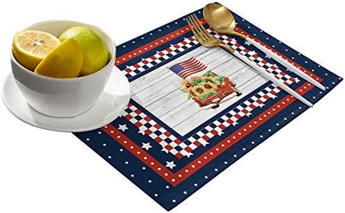Fourth of July USA American Flag Farm Trucks Placemats Set of 4, Blue Red White Stripes Stars Rustic Wooden Buffalo Check Heat Resistant Washable Table Mats Decoration for Kitchen Dining Outdoor
