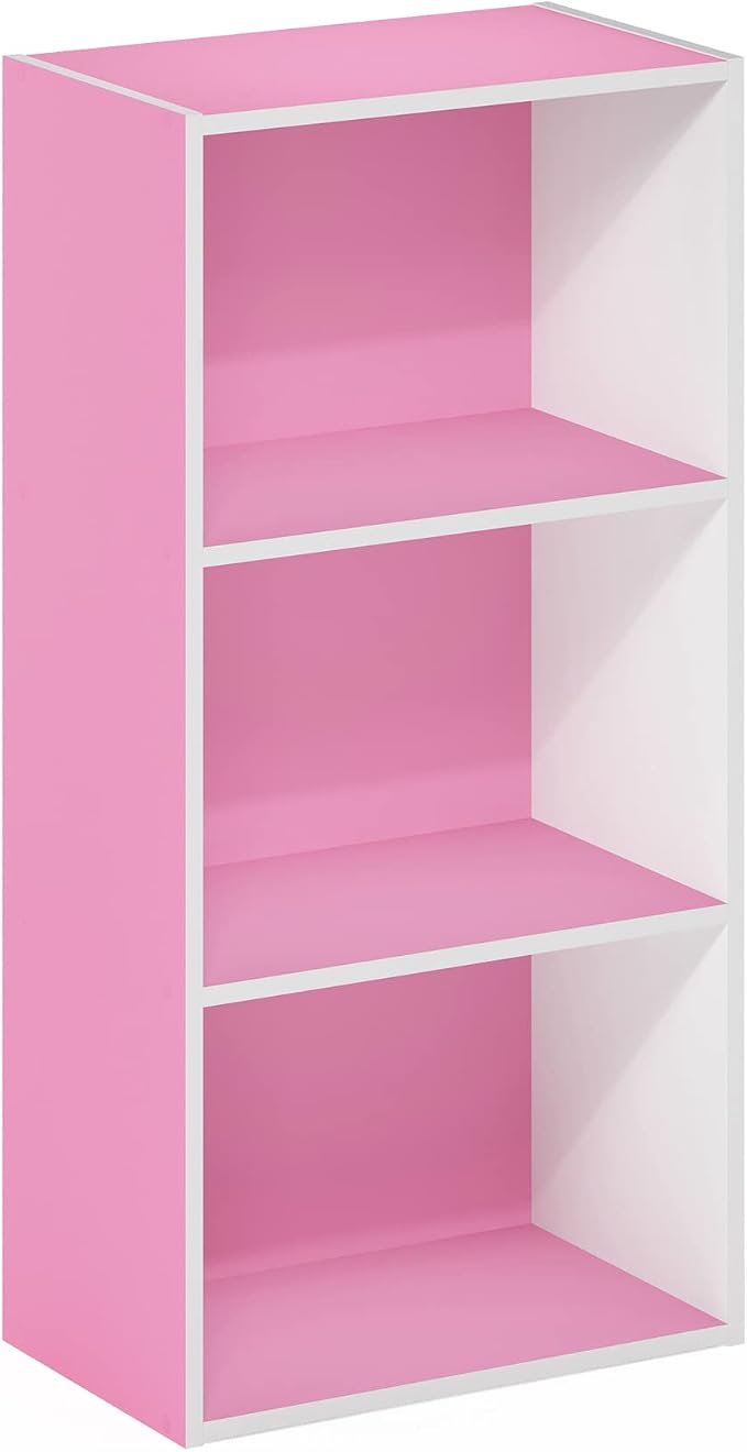 Furinno LUDER 3-Tier Book Shelf, Open Shelves Bookshelf, Pink/White | 9 x 16 x 31.4, Closed Back, Modern Bookcase, for Living Room, Bedroom, Home Office