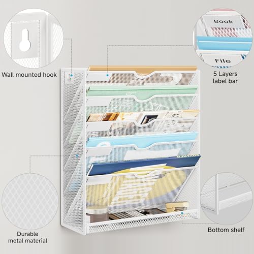 Lavatino 6-Tier Hanging File Organizer, Wall Mount File Holder for Mails Folders Papers Magazine Organization, Vertical Document Organizer for Office Home - (White)