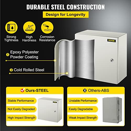 VEVOR NEMA Steel Enclosure, 16 x 16 x 8'' NEMA 4X Steel Electrical Box, IP66 Waterproof & Dustproof, Outdoor/Indoor Electrical Junction Box, with Mounting Plate