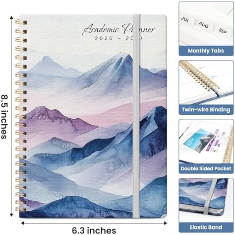 Planner 2026-2027, Jul 2026-Jun 2027 Academic Monthly & Weekly Planner | 6.3" x 8.5" Hardcover Pretty Calendar Planner for Women, Spiral Organizer for School Office Home Supplies, Distant Peaks