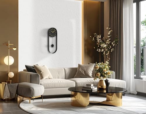 VERTA Modern Pendulum Wall Clock, Minimalist Black Iron Wall Clock with Gold Accents, Quartz Movement, Swinging Pendulum, 21.75″ Tall
