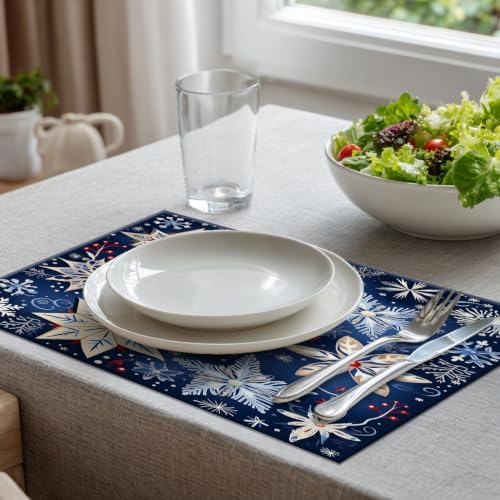 Batmerry Christmas New Year Linen Placemats Set of 8, Snow red Fruit Blue Background Washable Table Mats for Kitchen Table Thickened Heat Insulation Dining Set Indoor Outdoor 12X18 in