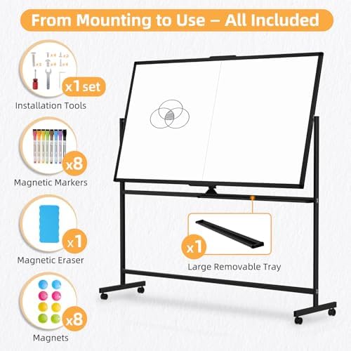 Rolling White Board on Wheels, 72" x 40" Dry Erase Whiteboard Stand Black