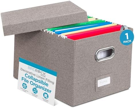 Internet's Best Collapsible File Box Storage Organizer with Lid - Decorative Linen Filing & Storage Office Boxes – Hanging Letter/Legal Folder – Home Office Bins Cabinet – Grey Container - 1 Pack
