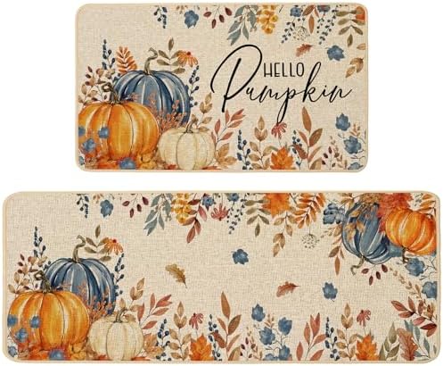 Baccessor Fall Kitchen Rugs Set of 2, Blue Pumpkin Floral Kitchen Mats for Floor Washable Low-Profile Farmhouse Autumn Holiday Home Indoor Outdoor Decor 17x29 and 17x47 Inch
