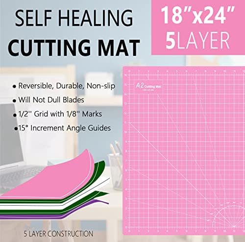 HEADLEY TOOLS 18"x24" Thickened Self Healing Cutting Mat, A2 Rotary Cutting Sewing Mat for Crafts, Double Sided 5-Ply Table Cutting Board for Fabric Quilting Patchwork Arts Hobby Project, Pink/Purple