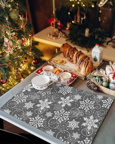 Christmas Placemats Set of 4, Grey White Snowflakes Pattern Heat Resistant Washable Table Place Mats Winter Cotton Table Linens Party Holiday Decor for Kitchen Dining Outdoor Indoor
