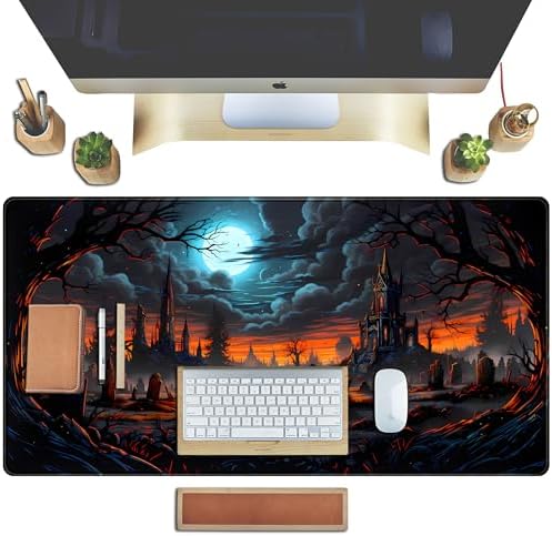 Dark Fantasy Castle Desk Pad Extended Gaming Mouse Pad, XXL Large Computer Laptop Keyboard Wireless Mouse Mat, Office Desk Decor Mousepad Deskmat with Stitched Edges Matt 31.5x15.7 in