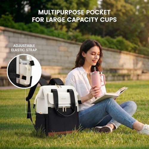 LOVEVOOK Laptop Backpack for Women, 15.6 Inch Work Laptop Bag with USB Port, Fashion Teacher Nurse Backpack Purse, Waterproof Travel Computer Backpack with Organizer Bag, 2PCS, Beige-Black