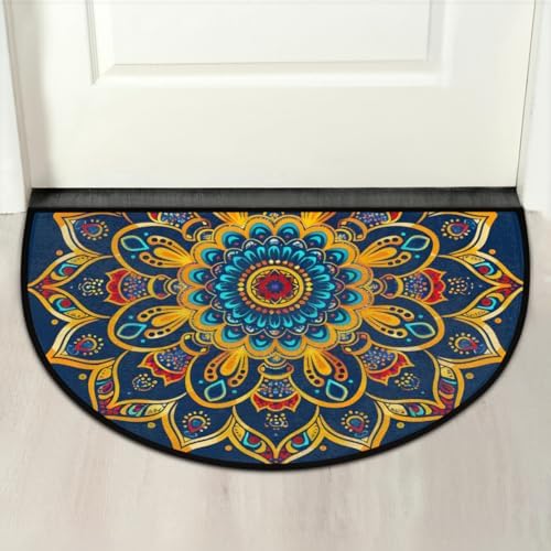 Pardick Boho Mandala Flower Half Round Door Mat, Non-Slip Welcome Indoor Entrance Way Rug Semi Circle Front Doormats Washable Bathroom Kitchen Floor Mat, Outdoor Rugs for Garage, Patio, Hearth Rug