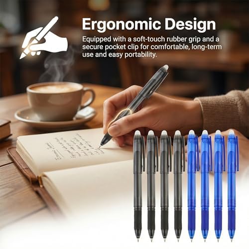 Volcanics Erasable Gel Pens, 0.7mm Fine Point, Soft Black & Blue, 12 Pack | Gel Erasable Ink Pens With Built-In Eraser, Smooth Pencil-Like Precision Writing For Rocket Book, Home, School And Office Use