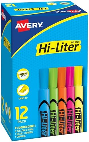Avery Hi-Liter Desk-Style Highlighters, Smear Safe Ink, Chisel Tip is great for sketch book art, 12 Assorted Colors (98034)