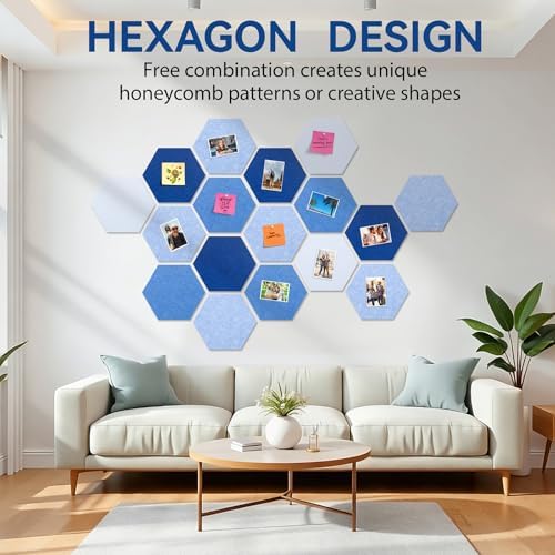 8 Pack Hexagon Felt Cork Board Tiles, 12'' Felt Bulletin Board for Walls Decor with 30 Pushpins, 50 Adhesive Tabs for Office & Home Pin Board, Notes Photos & DIY Classroom Decor (Gradual Blue)