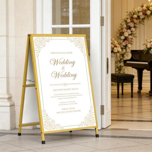 Golden A Frame Sign, Heavy Duty Slide-in A Frame Sign Holder, Double-Side 24x 36 Inch Sandwich Board for Office, Wedding, Business, Party Poster, Frame only