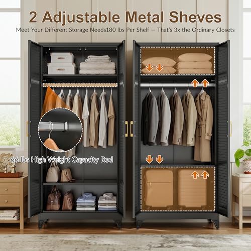 71" Louvered Black Metal Storage Cabinet with Doors and Shelves, Steel Armoire Wardrobe Closet with Sturdy Hanging Rod for Home Office Bedroom, 18" Deep