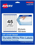 Avery Printable Durable White Barbell Labels, Sure Feed Technology, 0.5" x 2.5", Waterproof Labels, Laser & Pigment-Based Inkjet Compatible, 1125 Total