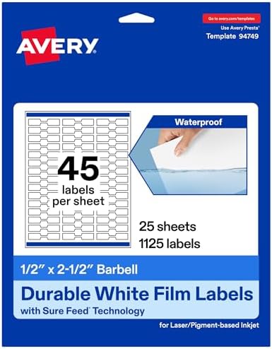 Avery Printable Durable White Barbell Labels, Sure Feed Technology, 0.5" x 2.5", Waterproof Labels, Laser & Pigment-Based Inkjet Compatible, 1125 Total