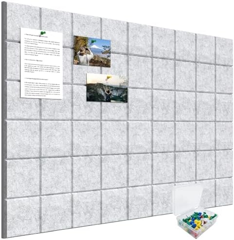 36" x 24" Large Black Cork Board Alternative - 6 Pack Felt Bulletin Board with 30 Push Pins, Felt Wall Tiles Pin Board for Walls Office Home School Decor, Aesthetic Cork Squares, Light Gray