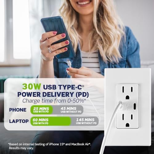 Leviton 30W (6A) USB Dual Type-C/C Power Delivery In-Wall Charger with 15A Tamper-Resistant Outlet, USB Charger for Smartphones, Tablets, Laptops, T5635-B, Brown