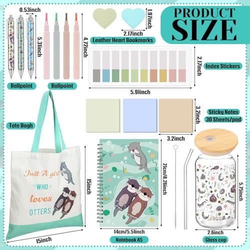 Back to School Stationery Sea Otter Birthday Gift Set 16 oz Party Favors Glass Cup Canvas Bag A5 Journal Notebook Ballpoint Pens Leather Bookmarks Sticky Notes Highlighters for Otter Lovers