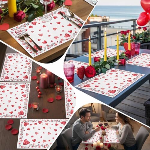 Valentine's Day Placemats Set of 4, Red Love Heart Place Mats Washable Dining Table Mats Wedding Anniversary Party Valentines Decor for Kitchen&Linens Outdoor Indoor, Romantic Pink White
