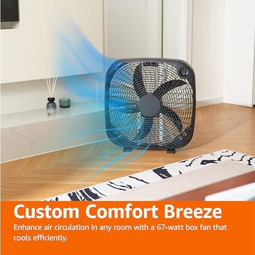 Amazon Basics 3-Speed Box Fan for Bedroom, Portable with Carry Handle, Powerful Airflow, 5 Blades, Lightweight Design, 67 Watts, 20-Inch, Black, 6.8"D x 20.86"W x 21.33"H