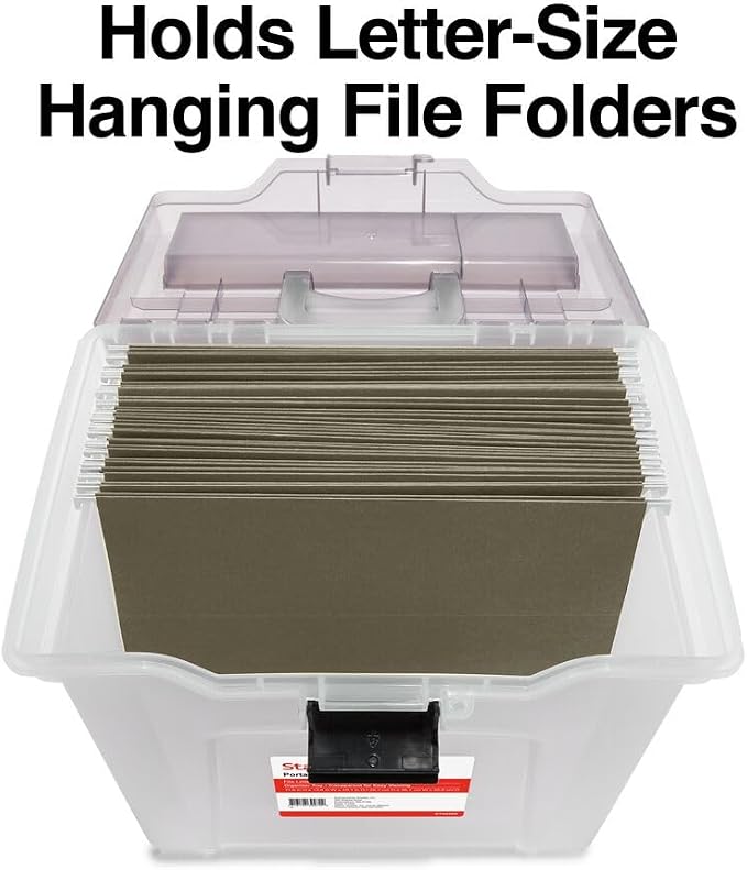 Staples File Box Portable Tote, Letter Size, Clear, 2/Pack | Lightweight storage tote for transporting and organizing hanging files.
