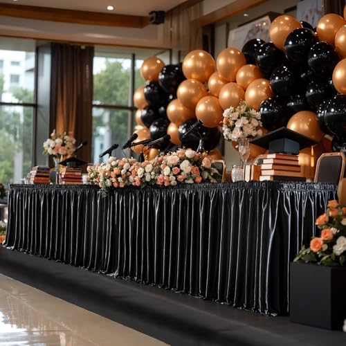 Wish Care 21ft Black Satin Long Table Skirt for Rectangle Tables Wrinkle Free Teacher Desk Skirt Glitter Ruffle Table Skirting Cloth for Back to School Classroom Office Dorm Birthday Party Table Decor