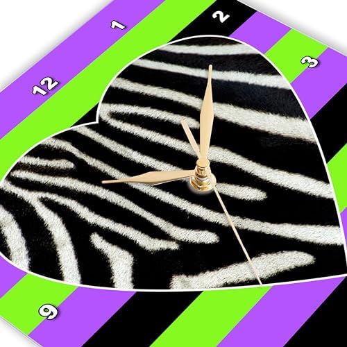 3dRose Wall Clock Silent - 10 inch - Punk Rockabilly Zebra Heart Purple Green Black Print - Designs Prints and Patterns
