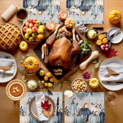 Fall Thanksgiving Placemats, Teal Blue White Pumpkin Heat Resistant Washable Dining Table Mats Fall Holiday Farmhouse Decor for Kitchen&Linens Outdoor Indoor, Harvest Autumn Leaves