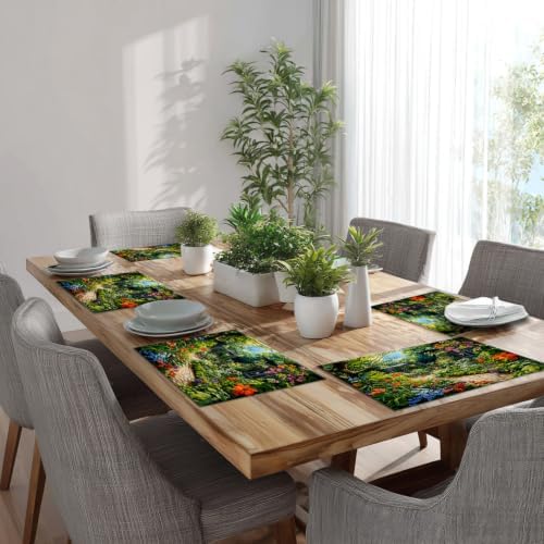 Batmerry Beautiful Garden Lush Plants Linen Placemats Set of 8, Serene Garden Scene Washable Table Mats for Kitchen Table Thickened Heat Insulation Dining Set Indoor Outdoor 12X18 in