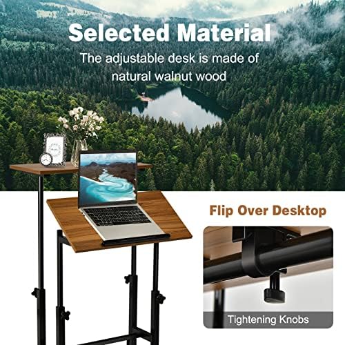 COSTWAY Mobile Standing Desk, Height Adjustable Rolling Laptop Cart w/Tilting Desktop for Standing or Sitting, Lockable Casters, Home Office Computer Workstation for Small Spaces (Brown)