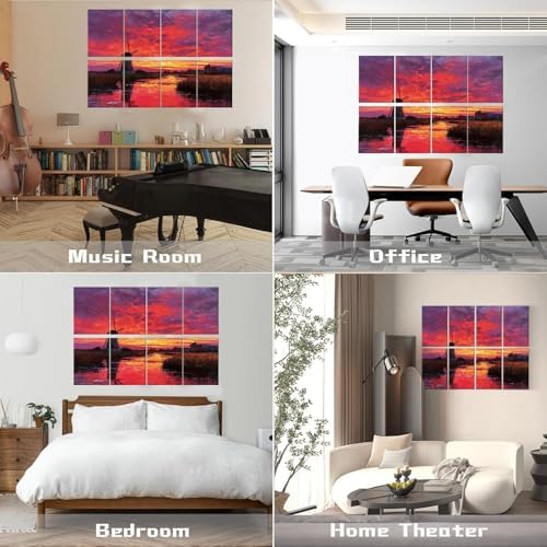 8 Pack Sunset Red Windmill Countryside Landscape Art Acoustic Panels Sound Absorbing Decorative Soundproof Wall Panels Self Adhesive for Recording Studios Office 48"x32"