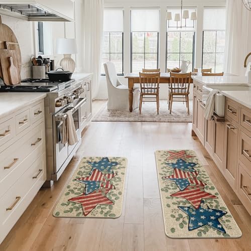 Artoid Mode American Flag Stars Eucalyptus Patriotic 4th of July Kitchen Mats Set of 2, Memorial Day Home Decor Kitchen Rugs for Floor - 17x29 and 17x47 Inch