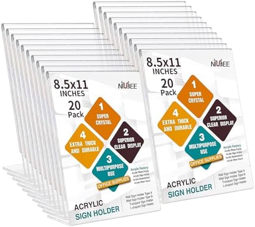 NIUBEE Acrylic Sign Holder 8.5 x 11 Vertical L-Shape Flyer Stand 20 Pack