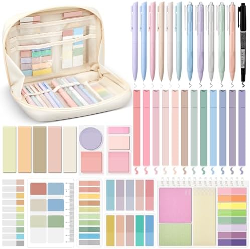 Jutom 41 Pcs Aesthetic Book Annotation Kit with Pencil Bag Bible Journaling Kit Notebook Sticky Note Tab Highlighter Black Ink Pen Page Marker School Office Supplies Bible Lover Gift(Beige)