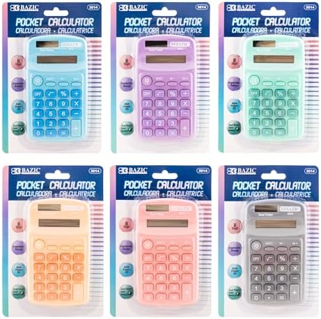 BAZIC Products 8-Digit Dual Power Pocket Calculator, Pastel Colors