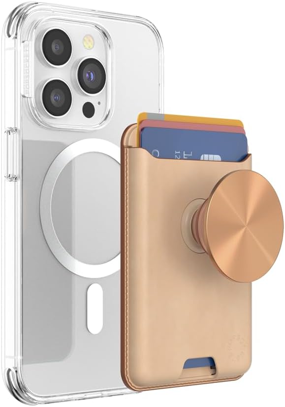 PopSockets Phone Wallet for MagSafe with Grip- Tan Nigiri | PopWallet, Holds 3 Cards, Magnetic, Removable, Secure, Gold, Electronic Accessories, For iPad/Kindle/iPhone/Android