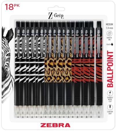Zebra Pen Z-Grip Animal Print Retractable Ballpoint Pen, Black, 1mm, 18-Pk