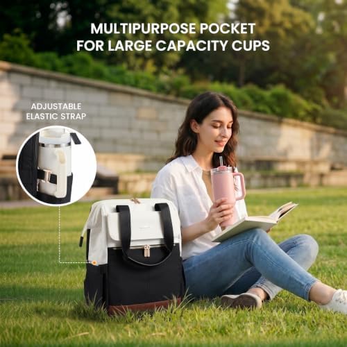 LOVEVOOK Laptop Backpack for Women with Giant Tumbler Holder, 15.6 Inch Work Laptop Bag with USB Port, Fashion Teacher Nurse Backpack Purse, Waterproof Travel Computer Backpack, 2PCS, Beige - Black