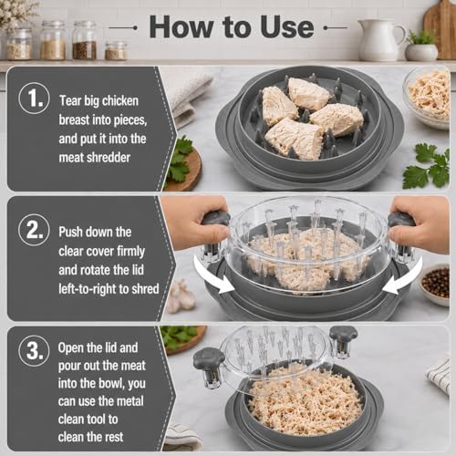 Premium Large Chicken Shredder Tool with Suction Base 2026 – Twist Meat Shredder with Ergonomic Handle & Anti-Slip Grip – Transparent Lid for Easy Shredding Chicken & Beef (Light Grey)