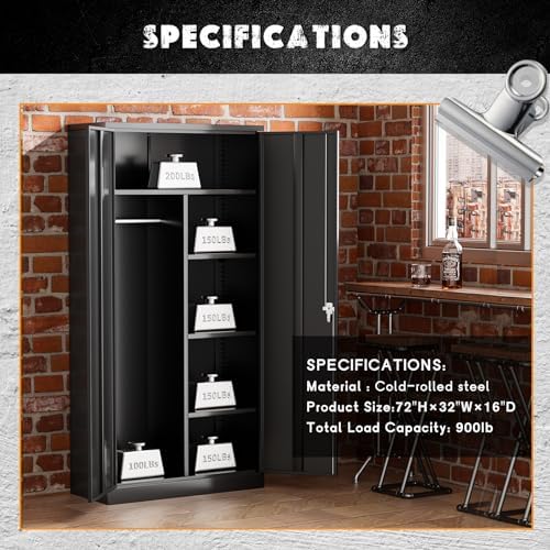 Greenvelly Metal Storage Cabinet with Lock Door,72" Locking Steel Storage Wardrobe Cabinet,Employees Locker Closet Clothing Coat Steel Wardrobe Cabinet with Hanging Rod for Garage,Home Office,Gym