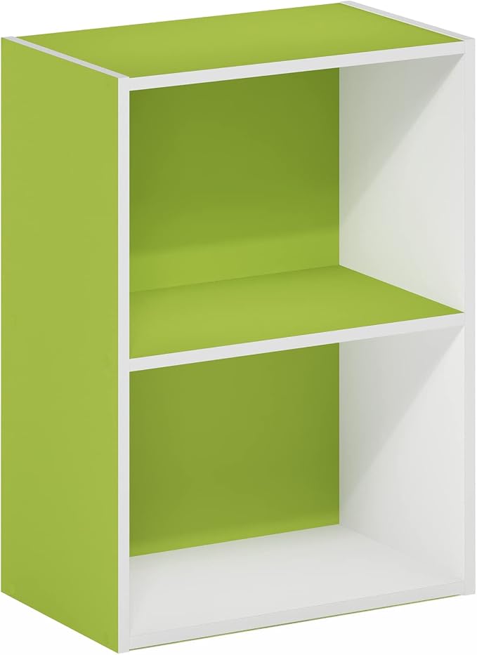 Furinno LUDER 2-Tier Book Shelf, Open Shelves Bookshelf, Green/White | 9 x 16 x 21, Closed Back, Modern Bookcase, for Living Room, Bedroom, Home Office