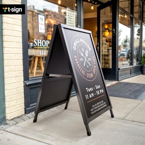 T-SIGN Outdoor A-Frame Sidewalk Sign 24x36 Inch Sandwich Board, Black Coated Steel Metal Double-Sided, Heavy Duty Slide-in Folding Frame Sign Holder, 2 Corrugated Plastic Poster Boards, Display Stand