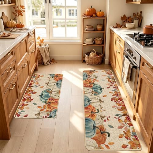 Baccessor Fall Kitchen Rugs Set of 2, Blue Pumpkin Leaves Kitchen Mats for Floor Washable Low-Profile Farmhouse Autumn Holiday Home Indoor Outdoor Decor 17x29 and 17x47 Inch