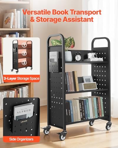 VEVOR Rolling Library Book Cart, 330 lbs Capacity, 30.3 x 15 x 48.0-Inch Library Cart, Single Sided V-Shaped Shelves with 3-Inch Lockable Wheels, Book Truck for Home Shelves Office and School, Black