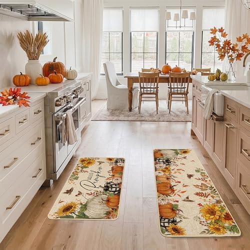 Baccessor Fall Kitchen Rugs Set of 2, Pumpkin Sunflower Kitchen Mats for Floor Washable Low-Profile Farmhouse Autumn Holiday Home Indoor Outdoor Decor 17x29 and 17x47 Inch